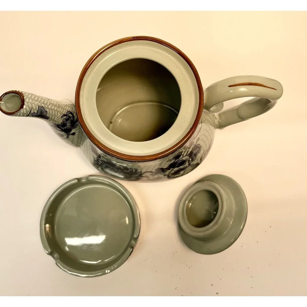 Vintage Bairuxue Art Ceramics Chinese Tea Set Blue Floral on Grey/Green-BOXED